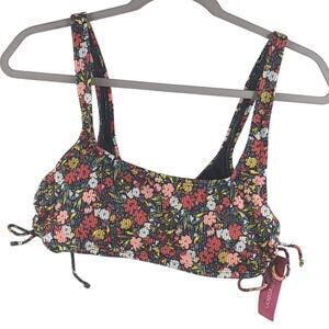 Bikini Top Ribbed Tunneled Side Tie Red Floral Bralette XS Xhilaration Swimsuit‎